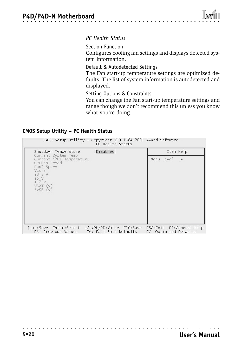 Pc health status, P4d/p4d-n motherboard, User’s manual | Intel IWILL P4D-N User Manual | Page 78 / 104