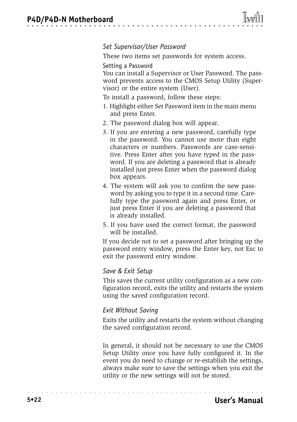 Set supervisor/user password, Save & exit setup, Exit without saving | P4d/p4d-n motherboard, User’s manual | Intel IWILL P4D-N User Manual | Page 80 / 104