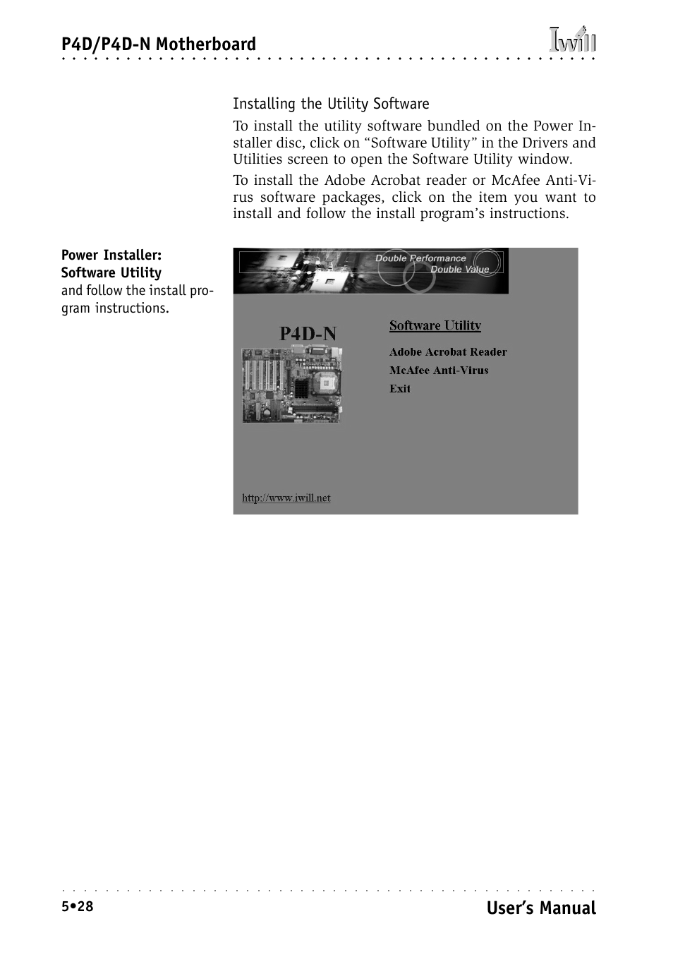 Installing the utility software, P4d/p4d-n motherboard, User’s manual | Intel IWILL P4D-N User Manual | Page 86 / 104