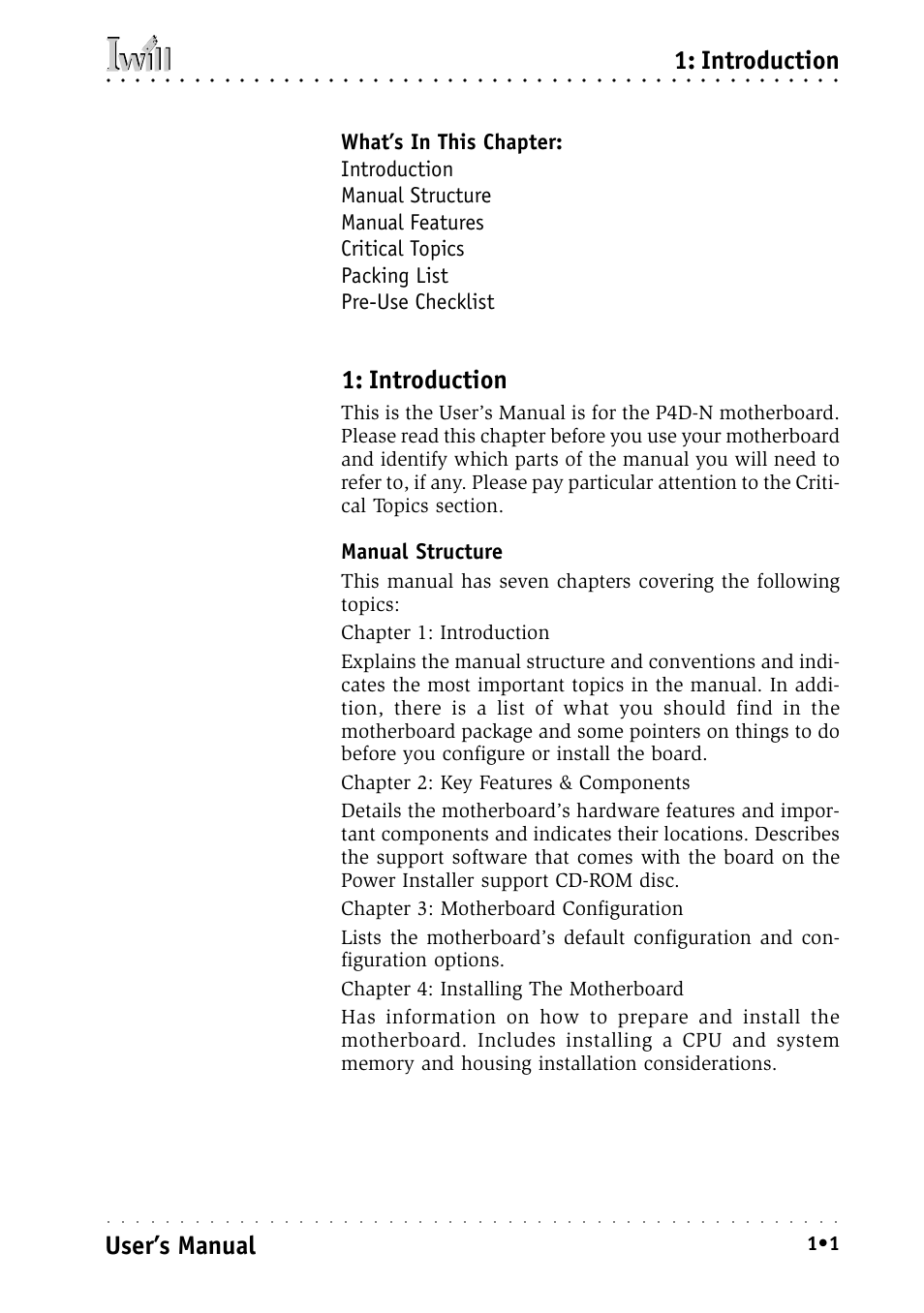 Introduction, Manual structure, Introduction user’s manual | Intel IWILL P4D-N User Manual | Page 9 / 104