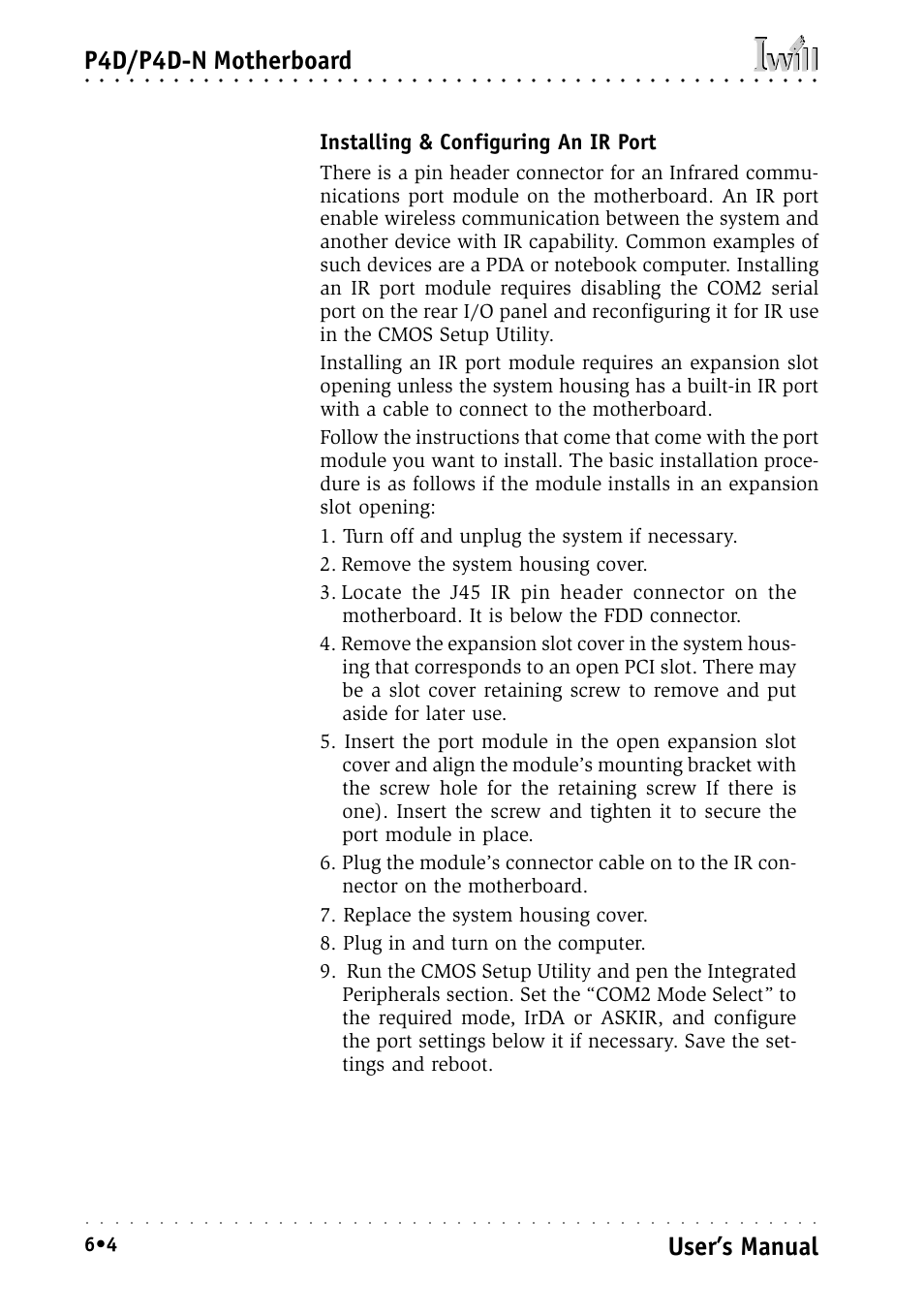 Installing & configuring an ir port, P4d/p4d-n motherboard, User’s manual | Intel IWILL P4D-N User Manual | Page 90 / 104