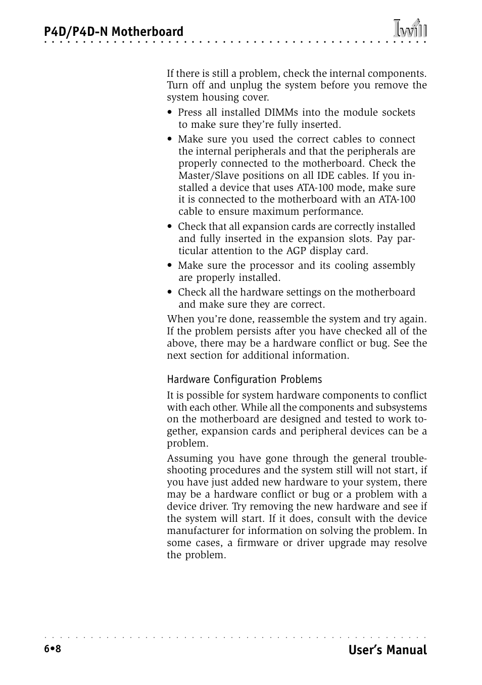 Hardware configuration problems, P4d/p4d-n motherboard, User’s manual | Intel IWILL P4D-N User Manual | Page 94 / 104