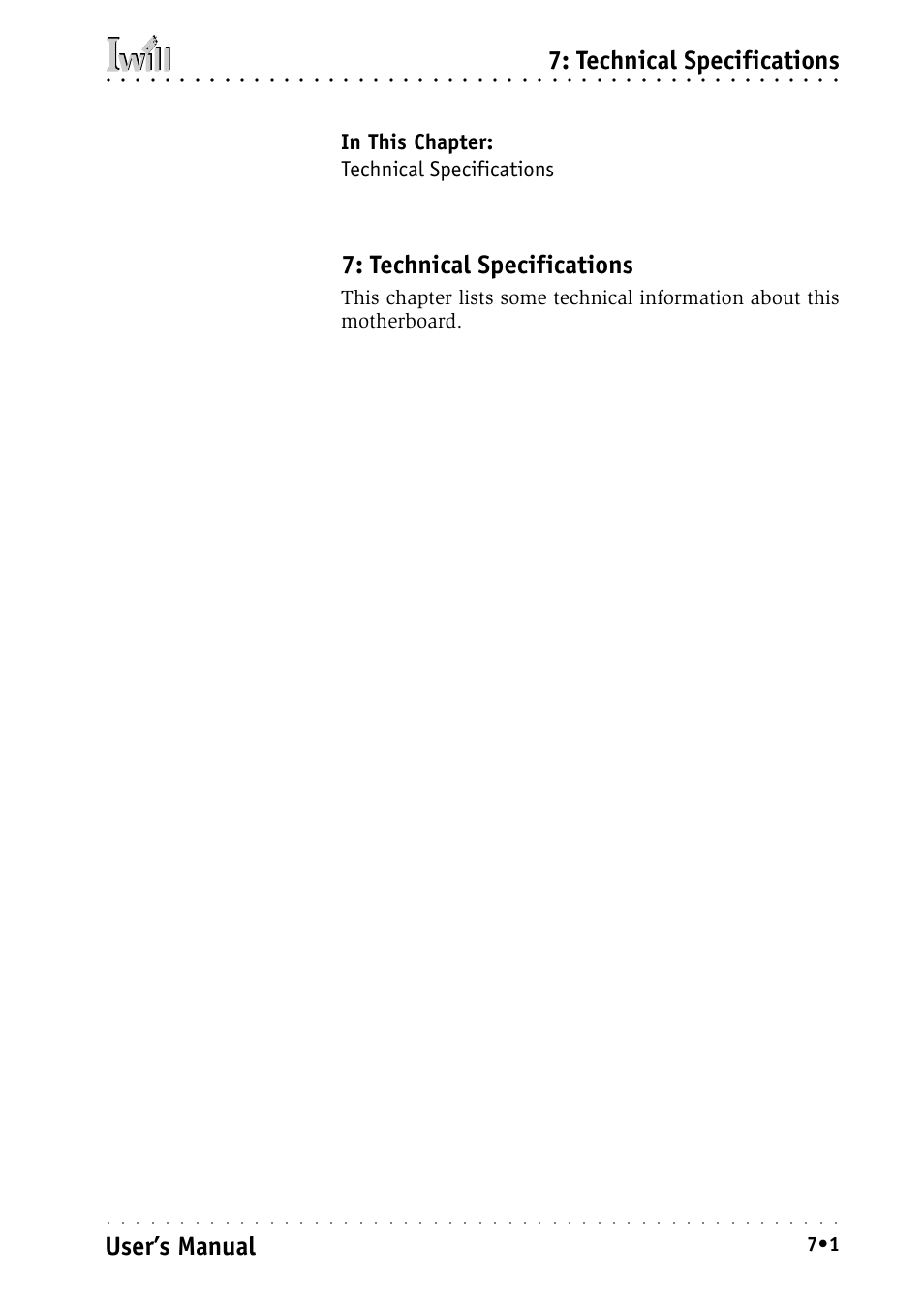 Technical specifications, User’s manual | Intel IWILL P4D-N User Manual | Page 99 / 104