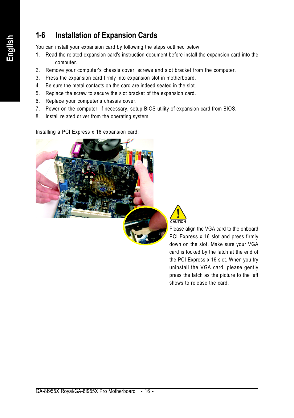 English, 6 installation of expansion cards | Intel GA-8I955X ROYAL User Manual | Page 16 / 88