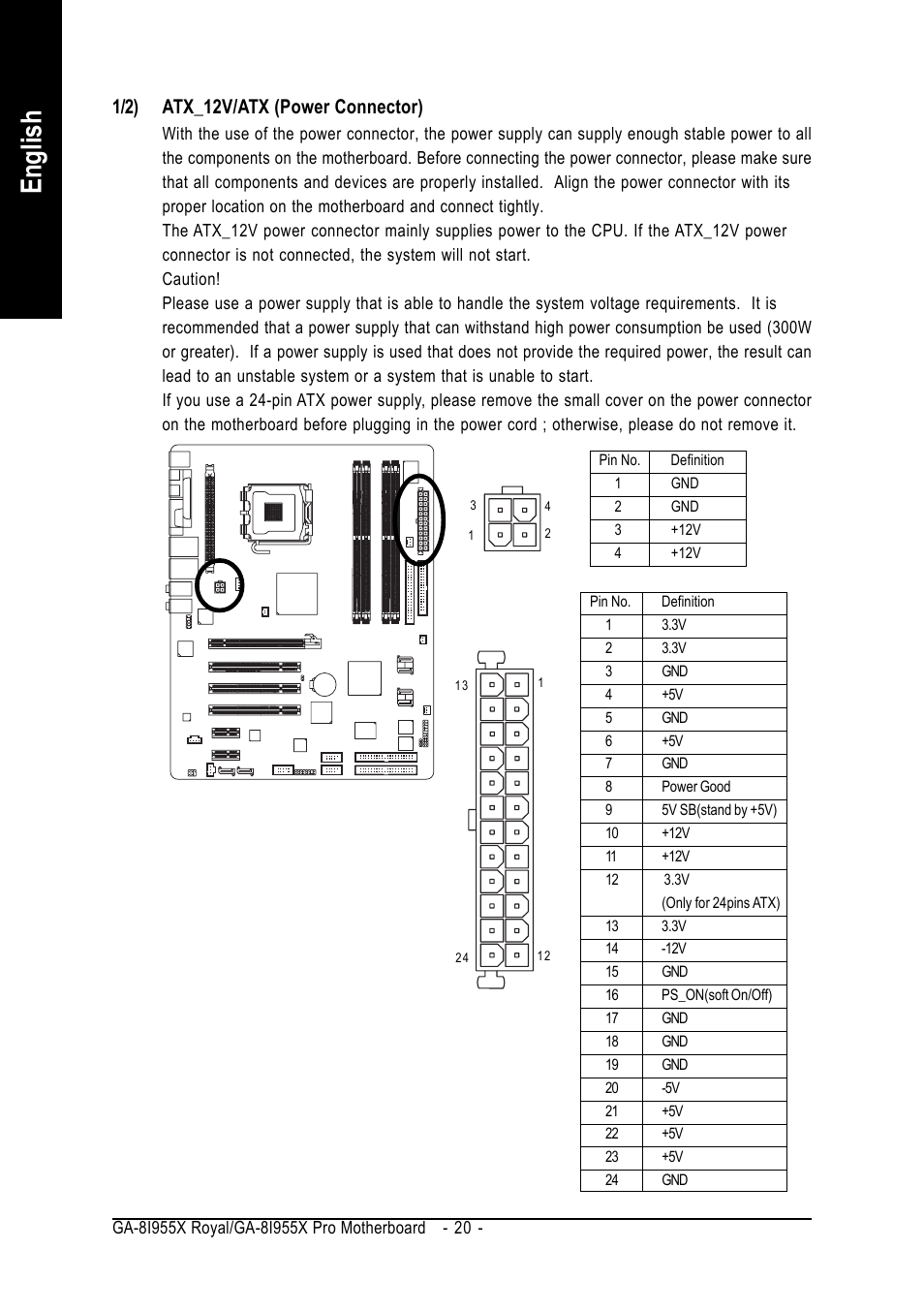 English, 1/2) atx_12v/atx (power connector) | Intel GA-8I955X ROYAL User Manual | Page 20 / 88