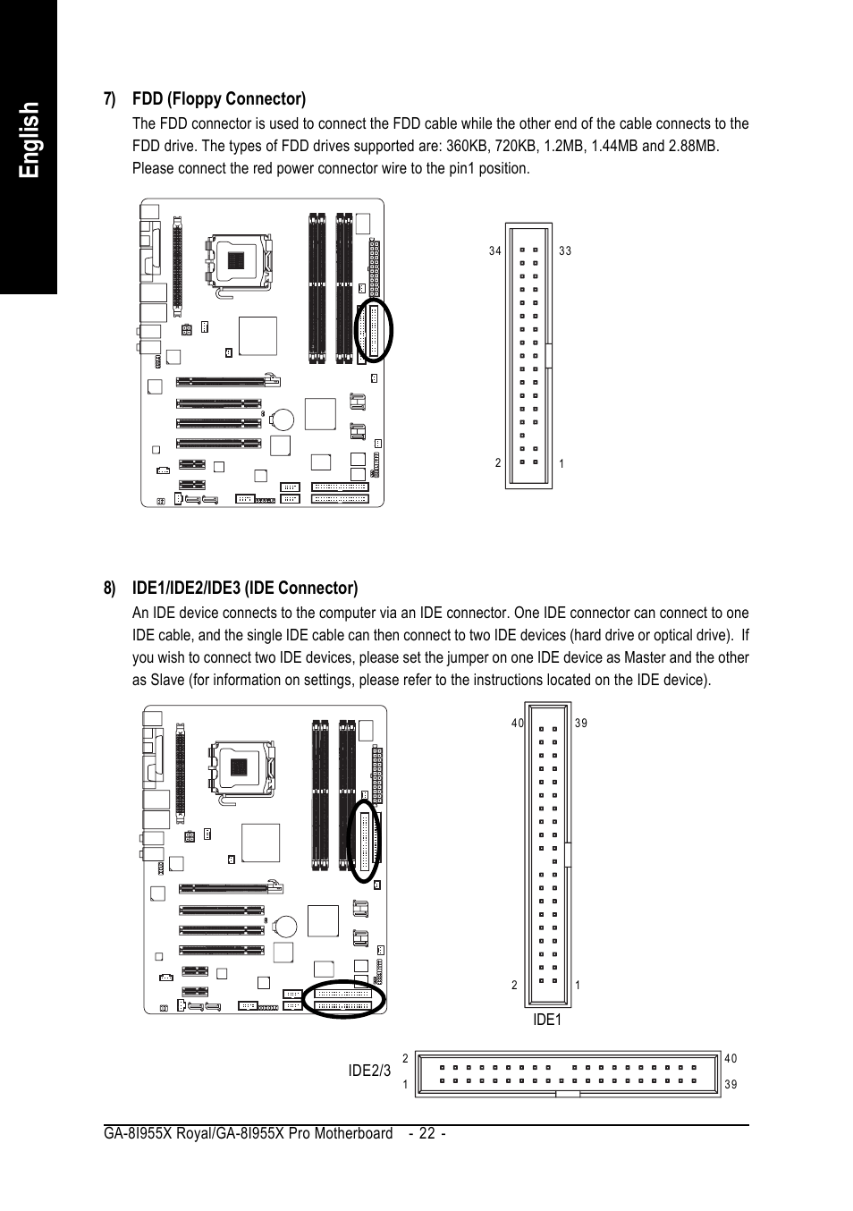 English, 8) ide1/ide2/ide3 (ide connector), 7) fdd (floppy connector) | Intel GA-8I955X ROYAL User Manual | Page 22 / 88