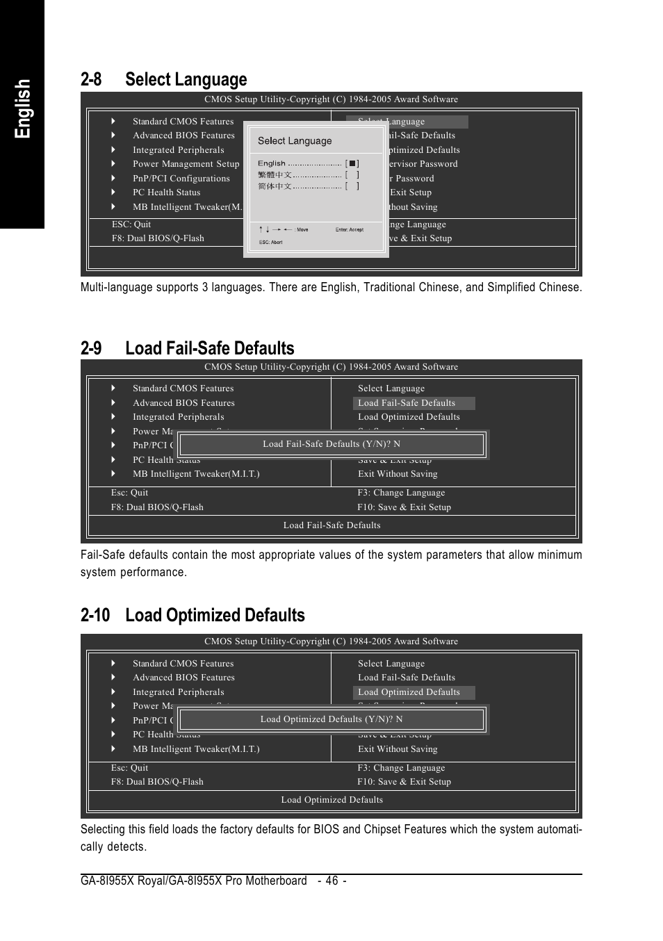 English, 10 load optimized defaults, 9 load fail-safe defaults | 8 select language | Intel GA-8I955X ROYAL User Manual | Page 46 / 88