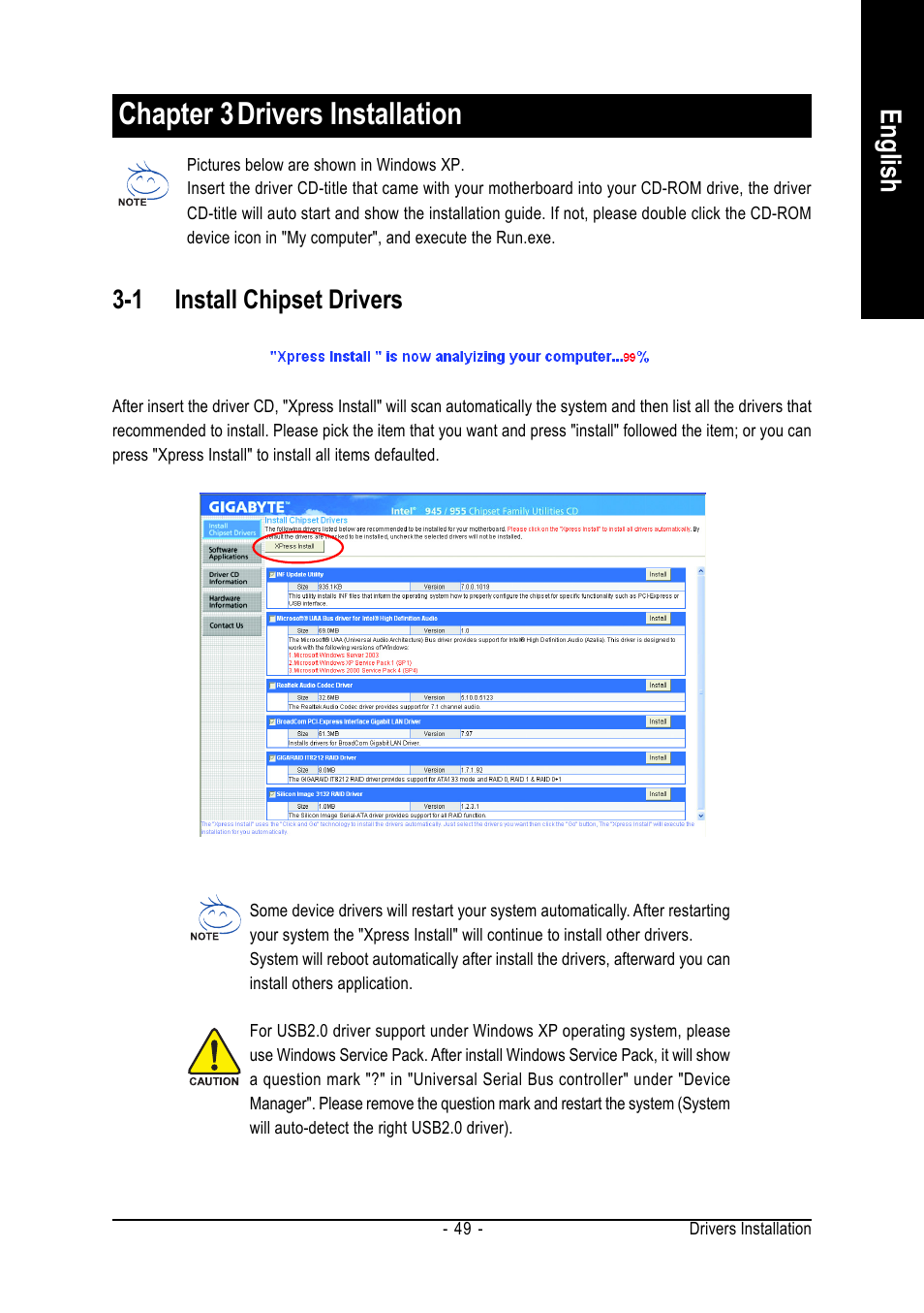 Chapter 3drivers installation, English, 1 install chipset drivers | Intel GA-8I955X ROYAL User Manual | Page 49 / 88