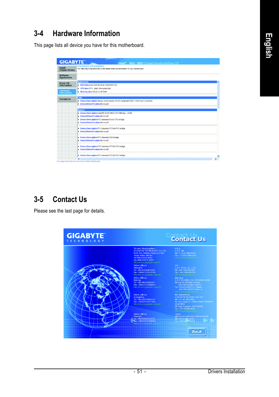 English, 4 hardware information, 5 contact us | Intel GA-8I955X ROYAL User Manual | Page 51 / 88
