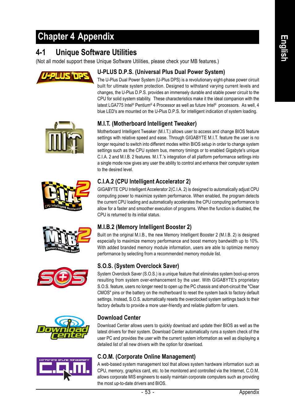 Chapter 4 appendix, English, 1 unique software utilities | Intel GA-8I955X ROYAL User Manual | Page 53 / 88