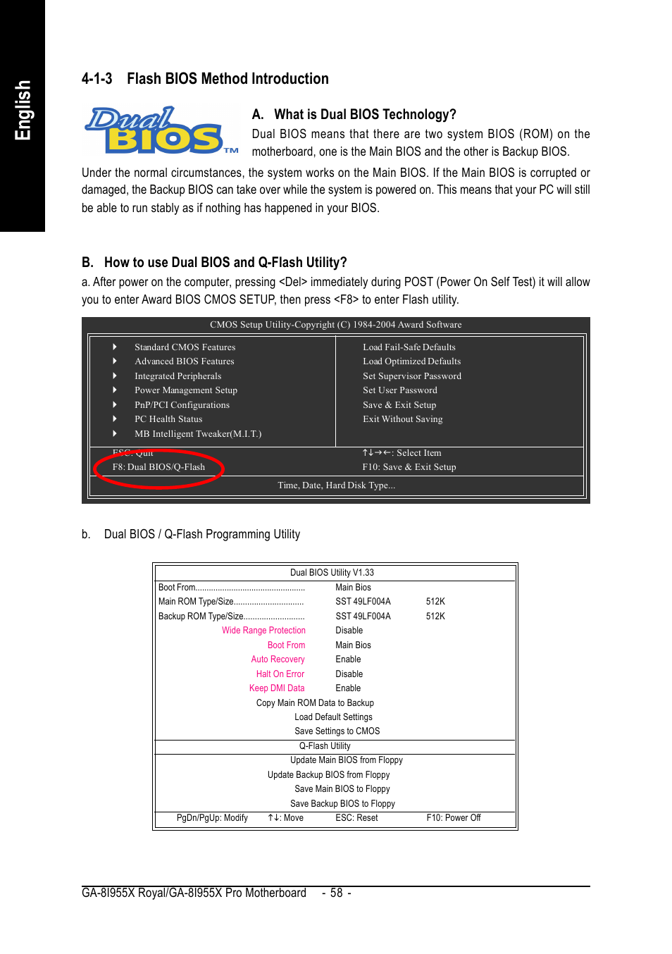 English, 1-3 flash bios method introduction, A. what is dual bios technology | B. how to use dual bios and q-flash utility | Intel GA-8I955X ROYAL User Manual | Page 58 / 88