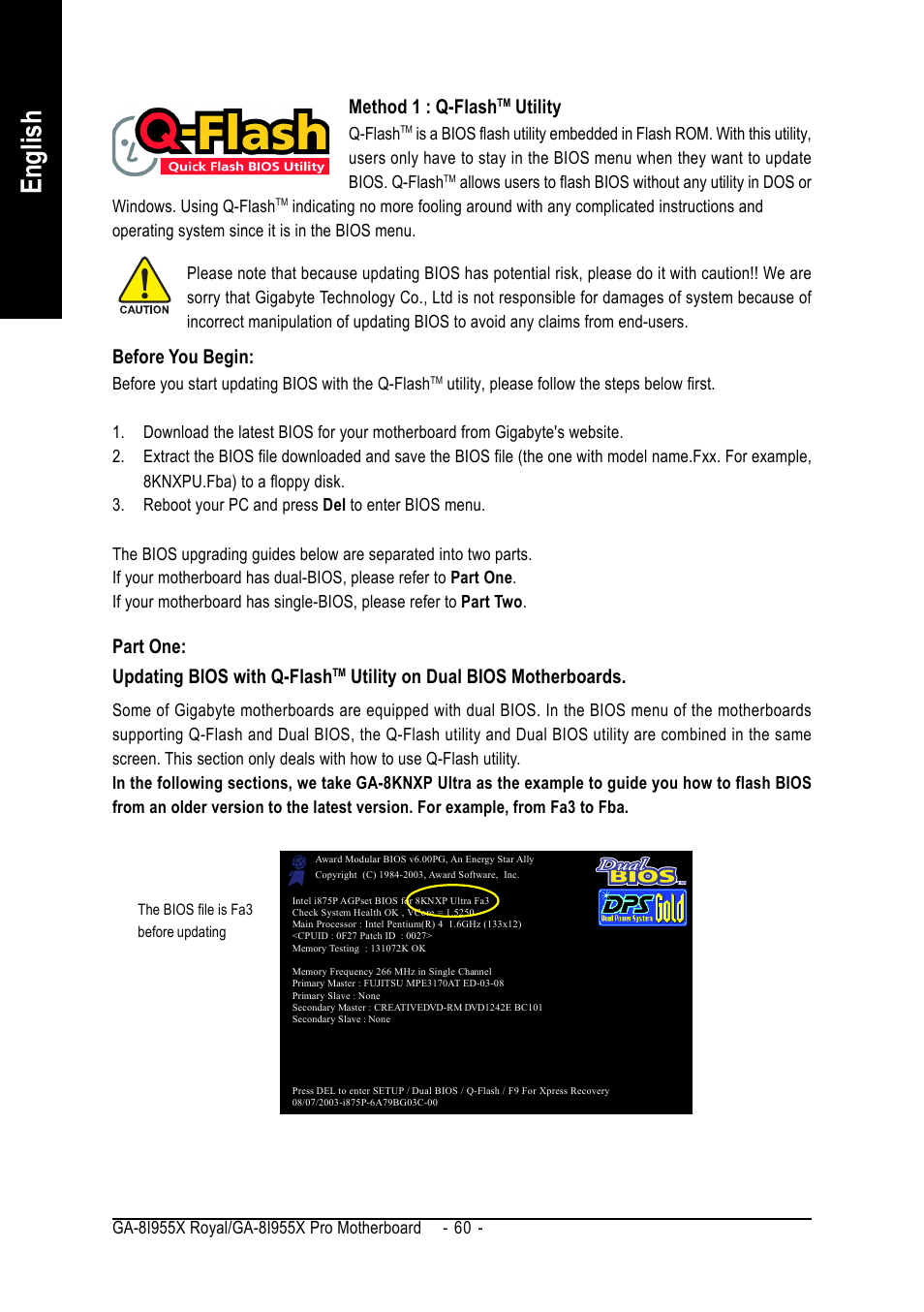 English, Method 1 : q-flash, Utility | Before you begin, Part one: updating bios with q-flash, Utility on dual bios motherboards | Intel GA-8I955X ROYAL User Manual | Page 60 / 88