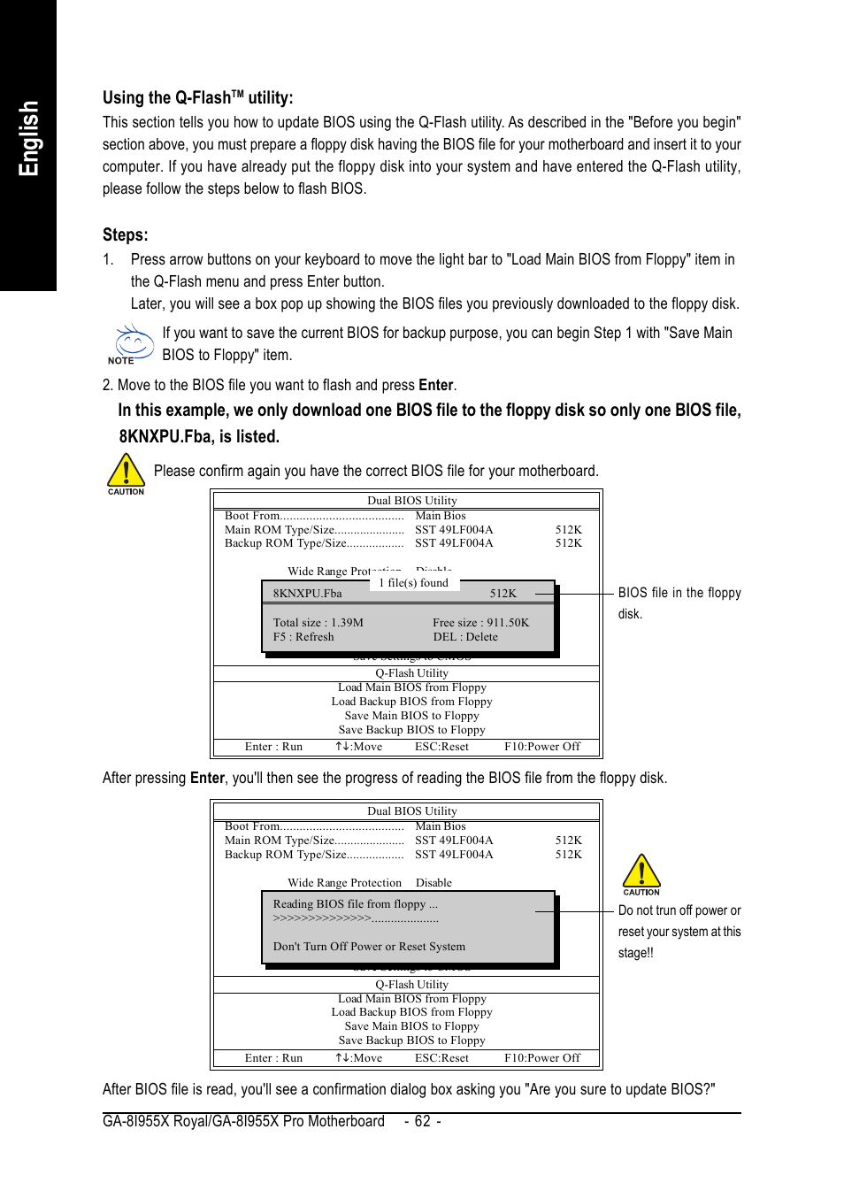 English, Using the q-flash, Utility | Steps | Intel GA-8I955X ROYAL User Manual | Page 62 / 88