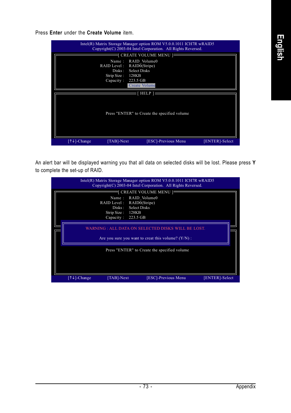 English, Appendix - 73, Press enter under the create volume item | Intel GA-8I955X ROYAL User Manual | Page 73 / 88