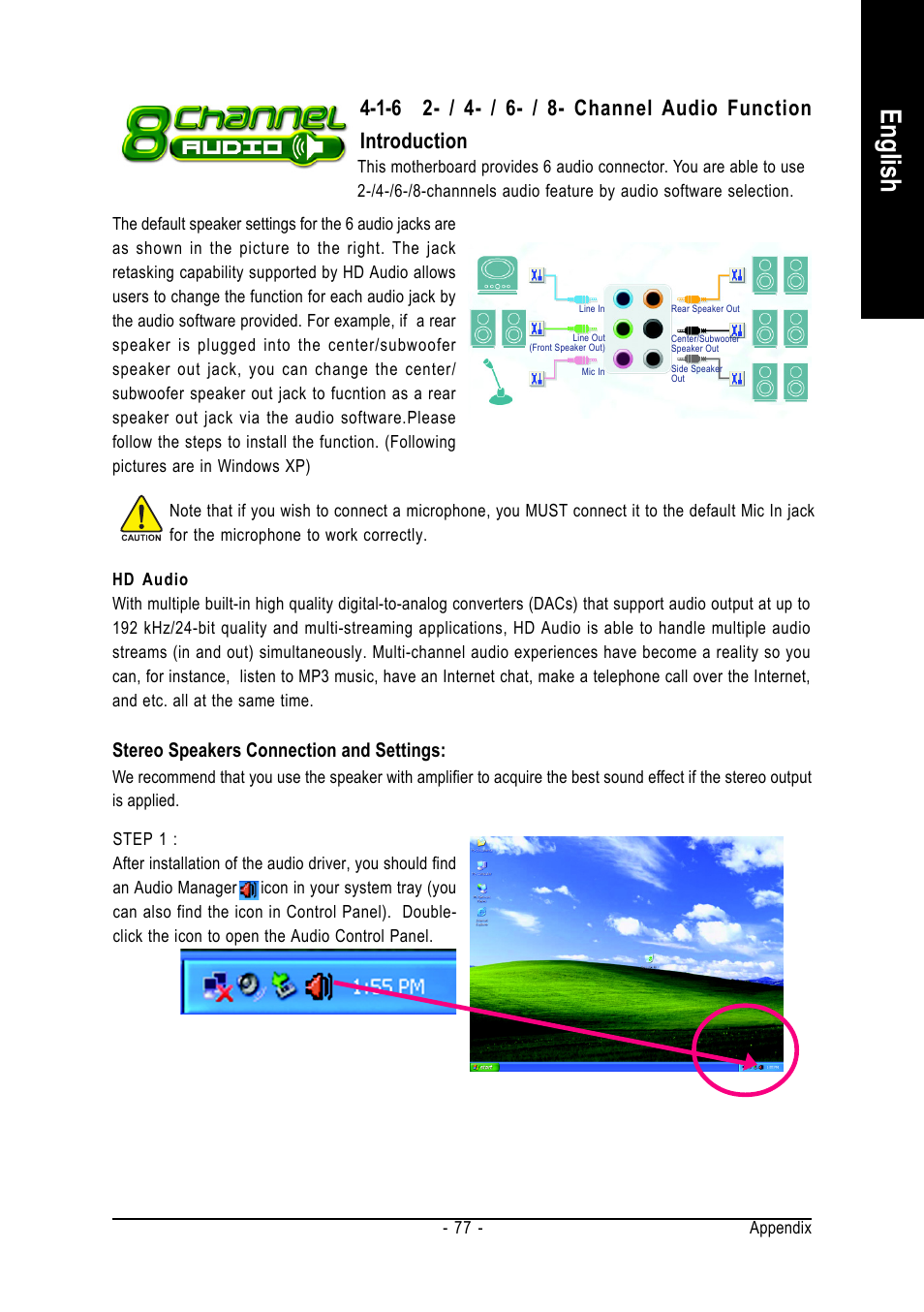 English, Stereo speakers connection and settings | Intel GA-8I955X ROYAL User Manual | Page 77 / 88