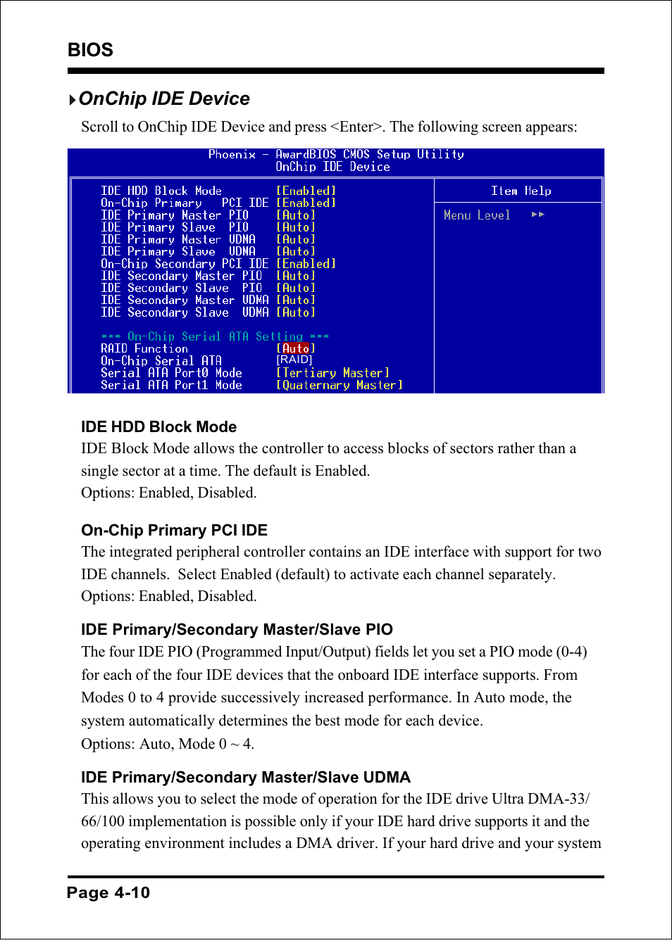 Bios, Onchip ide device | Intel FSB800 (PC3200) User Manual | Page 48 / 96