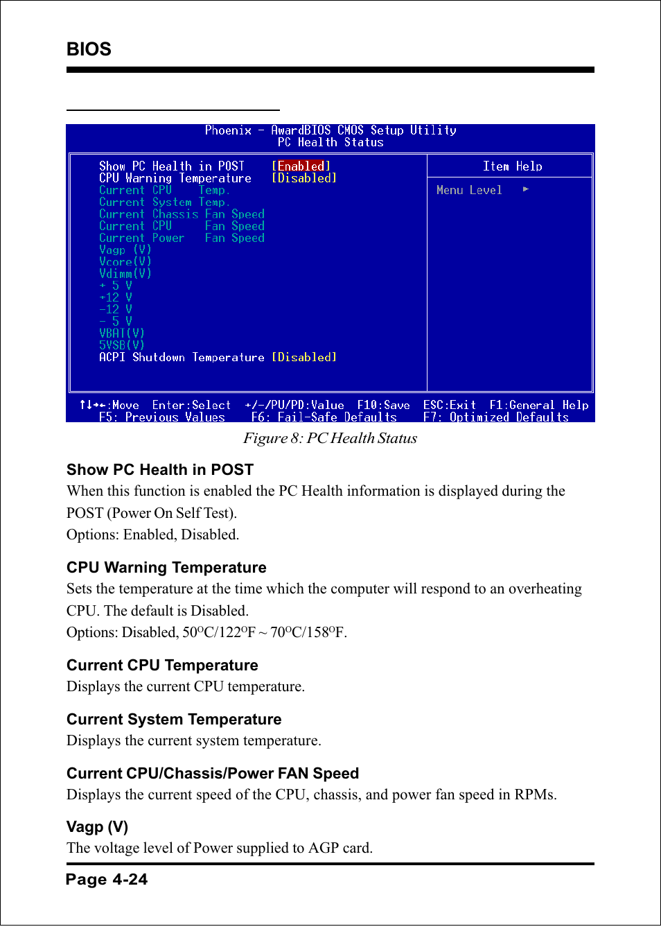 Bios, 7 pc health status, Page 4-24 | C/122, F ~ 70, C/158 | Intel FSB800 (PC3200) User Manual | Page 62 / 96