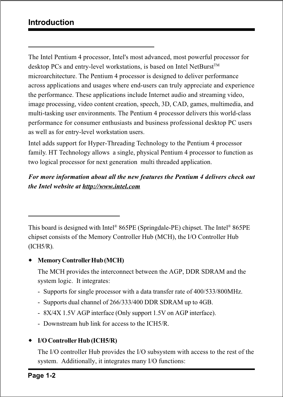 Introduction, Intel, Pentium | 4 processors, Chipset components | Intel FSB800 (PC3200) User Manual | Page 8 / 96