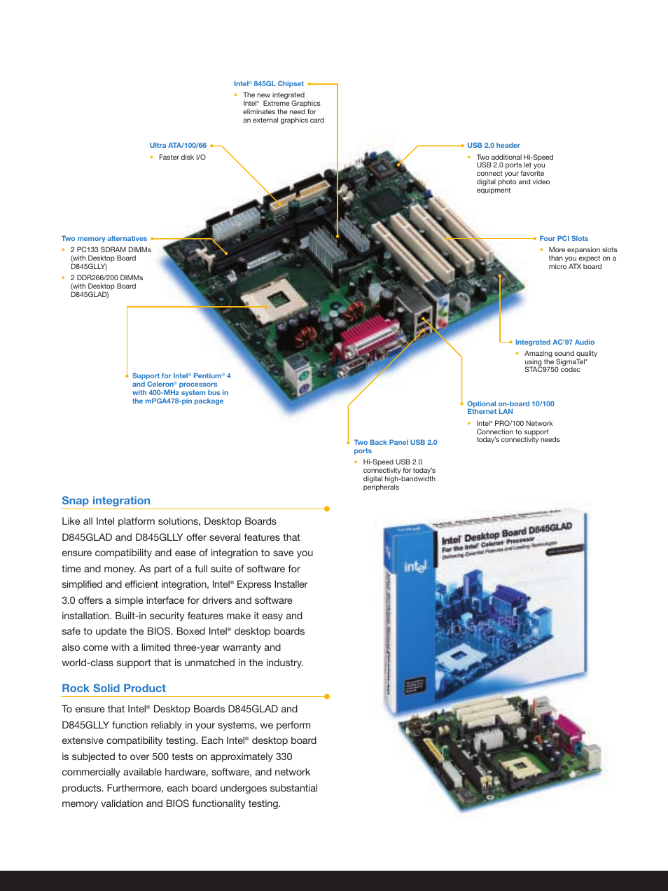 Snap integration, Rock solid product | Intel D845GLLY User Manual | Page 2 / 4