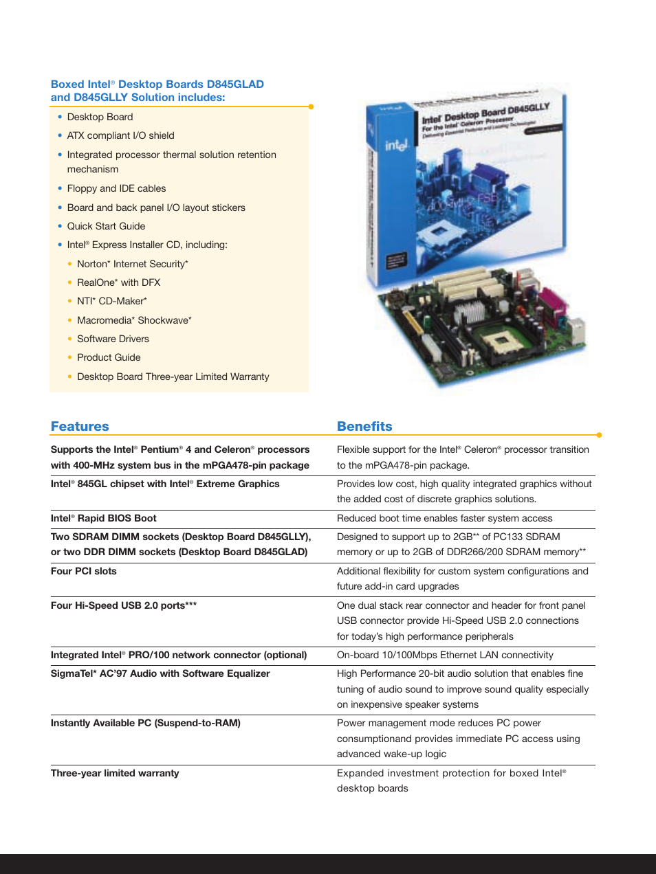 Features benefits | Intel D845GLLY User Manual | Page 3 / 4