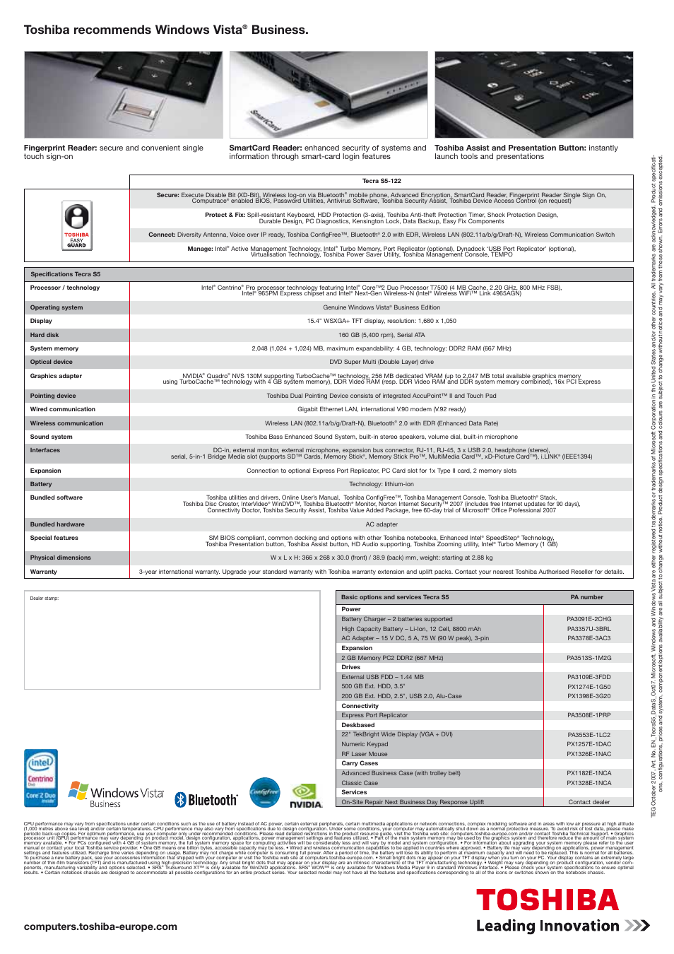 Toshiba recommends windows vista, Business | Intel TECRA S5 User Manual | Page 2 / 2