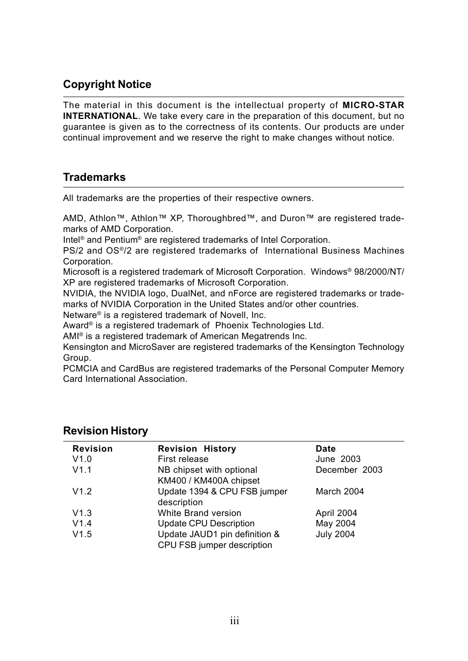 Copyright notice, Revision history, Mainboard specifications | Central processing unit: cpu, Cpu core speed derivation procedure, Iii copyright notice, Trademarks | Intel KM4AM User Manual | Page 3 / 74