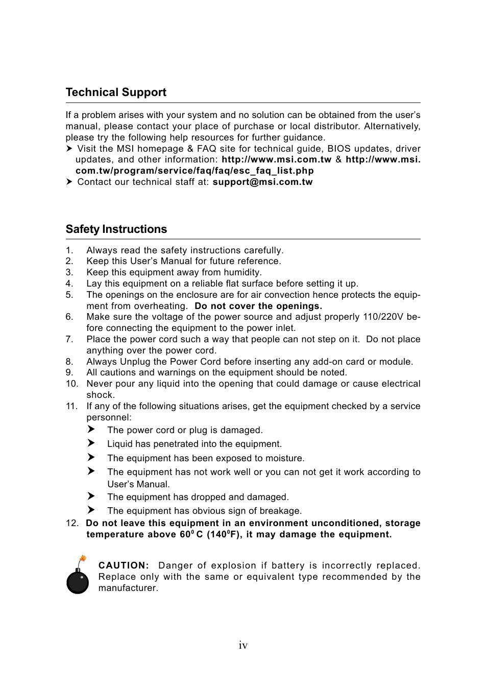 Safety instructions, Technical support, Chapter 1 | Intel KM4AM User Manual | Page 4 / 74