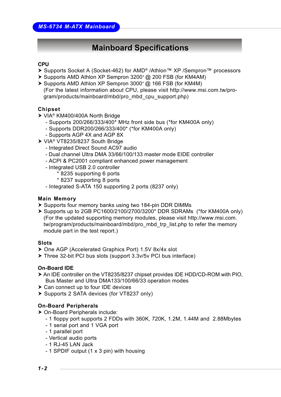Mainboard specifications | Intel KM4AM User Manual | Page 8 / 74