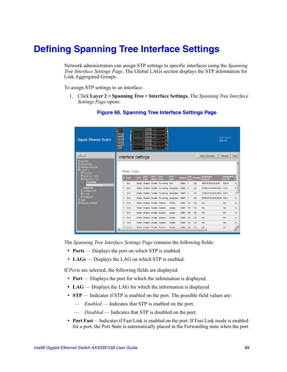 Defining spanning tree interface settings | Intel AXXSW1GB User Manual | Page 102 / 220