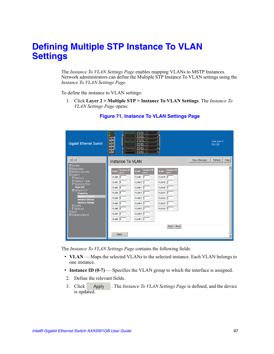 Defining multiple stp instance to vlan settings | Intel AXXSW1GB User Manual | Page 110 / 220