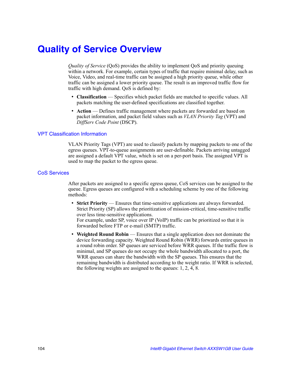 Quality of service overview, Vpt classification information, Cos services | Intel AXXSW1GB User Manual | Page 117 / 220