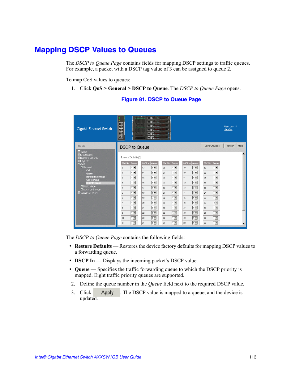 Mapping dscp values to queues | Intel AXXSW1GB User Manual | Page 126 / 220