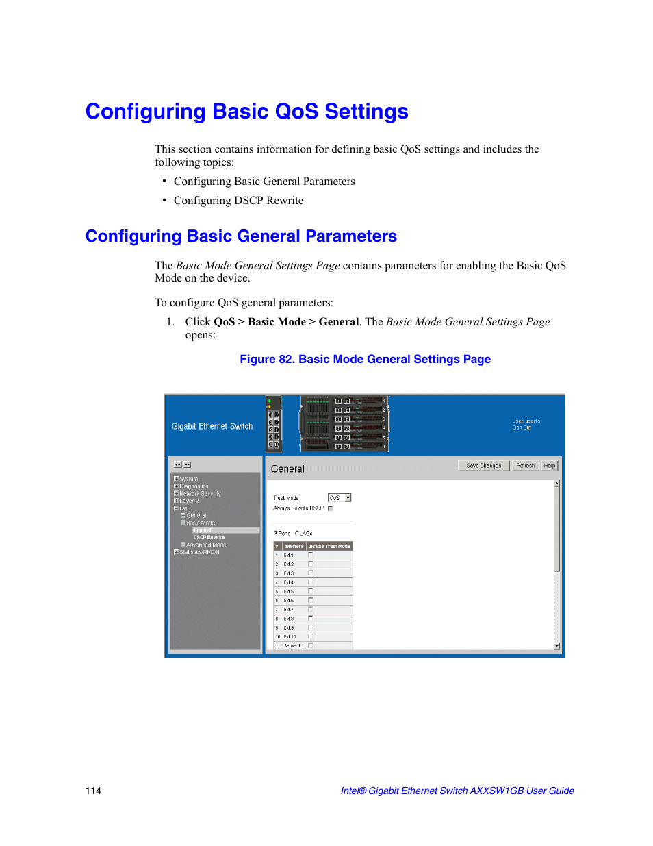 Configuring basic qos settings, Configuring basic general parameters | Intel AXXSW1GB User Manual | Page 127 / 220