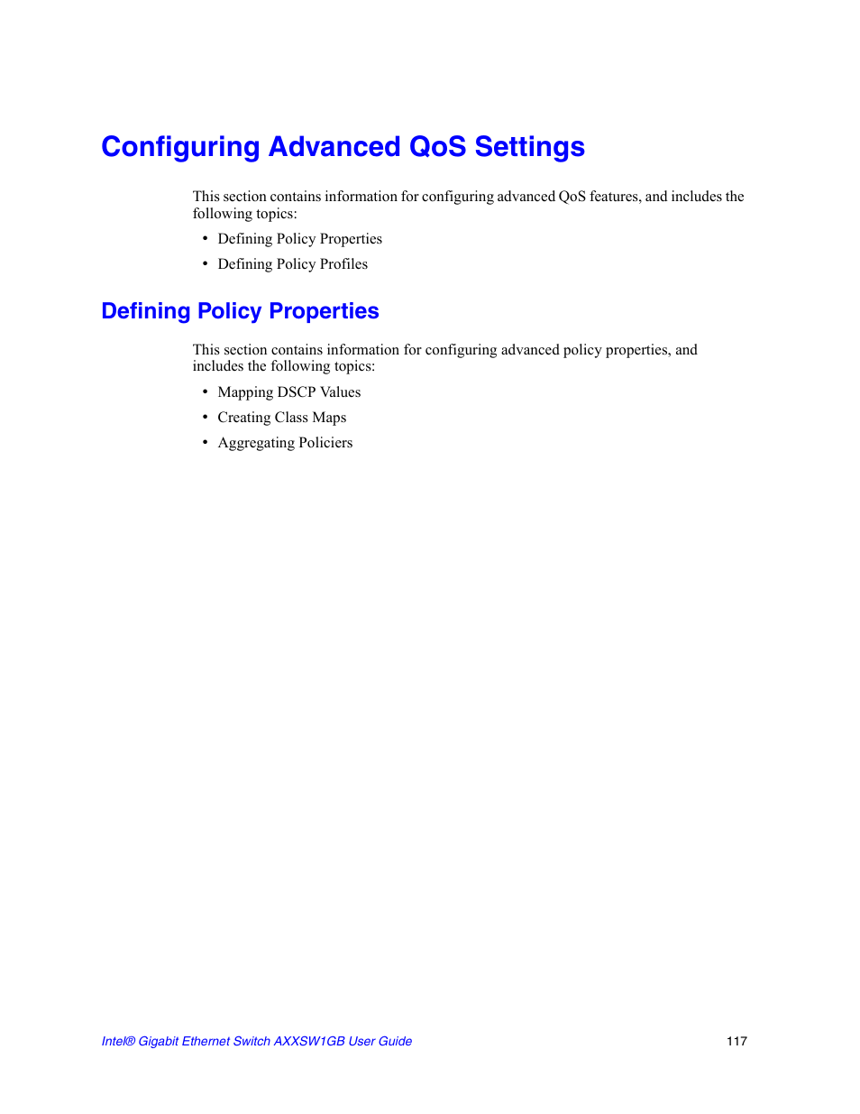 Configuring advanced qos settings, Defining policy properties | Intel AXXSW1GB User Manual | Page 130 / 220