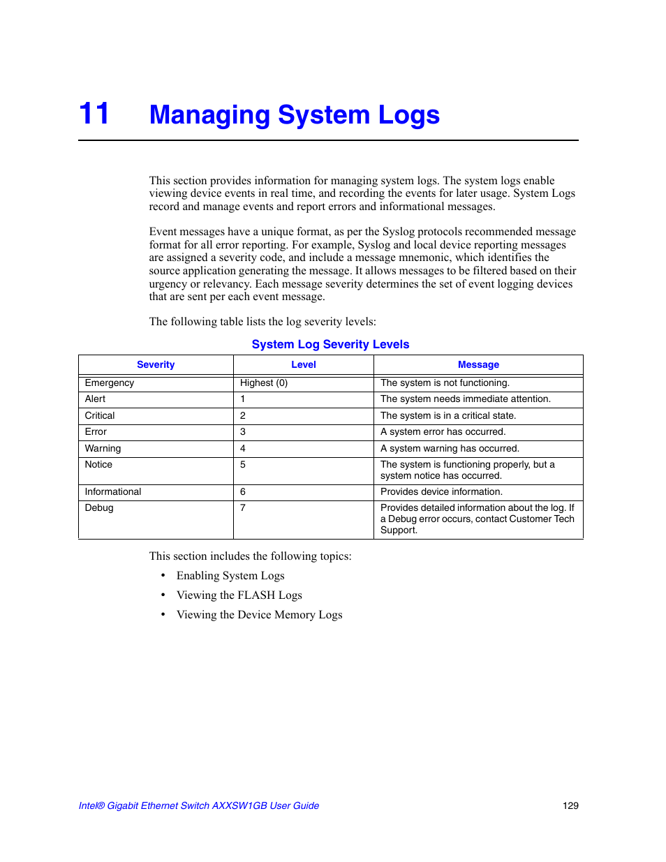 11 managing system logs, Managing system logs | Intel AXXSW1GB User Manual | Page 142 / 220