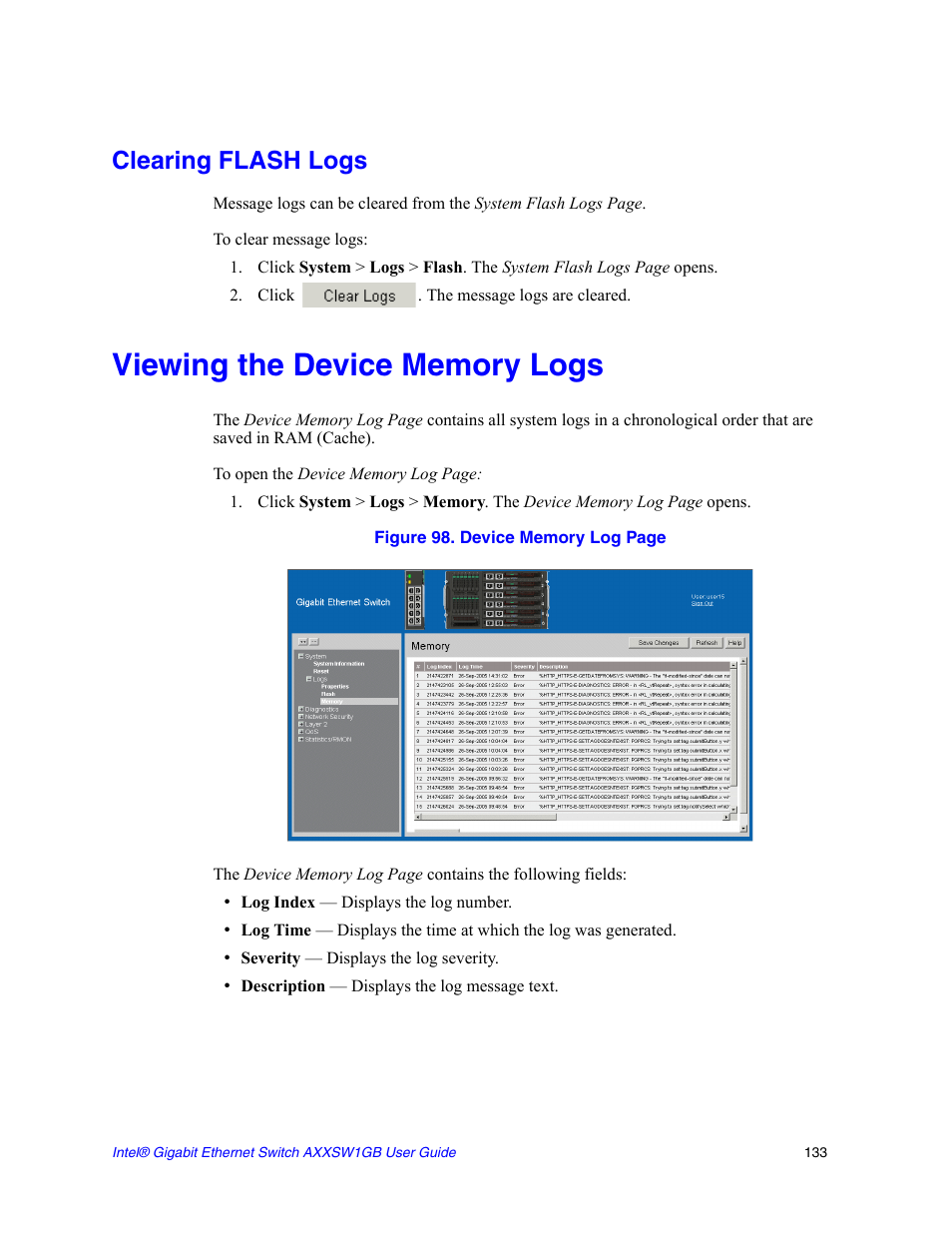 Clearing flash logs, Viewing the device memory logs | Intel AXXSW1GB User Manual | Page 146 / 220