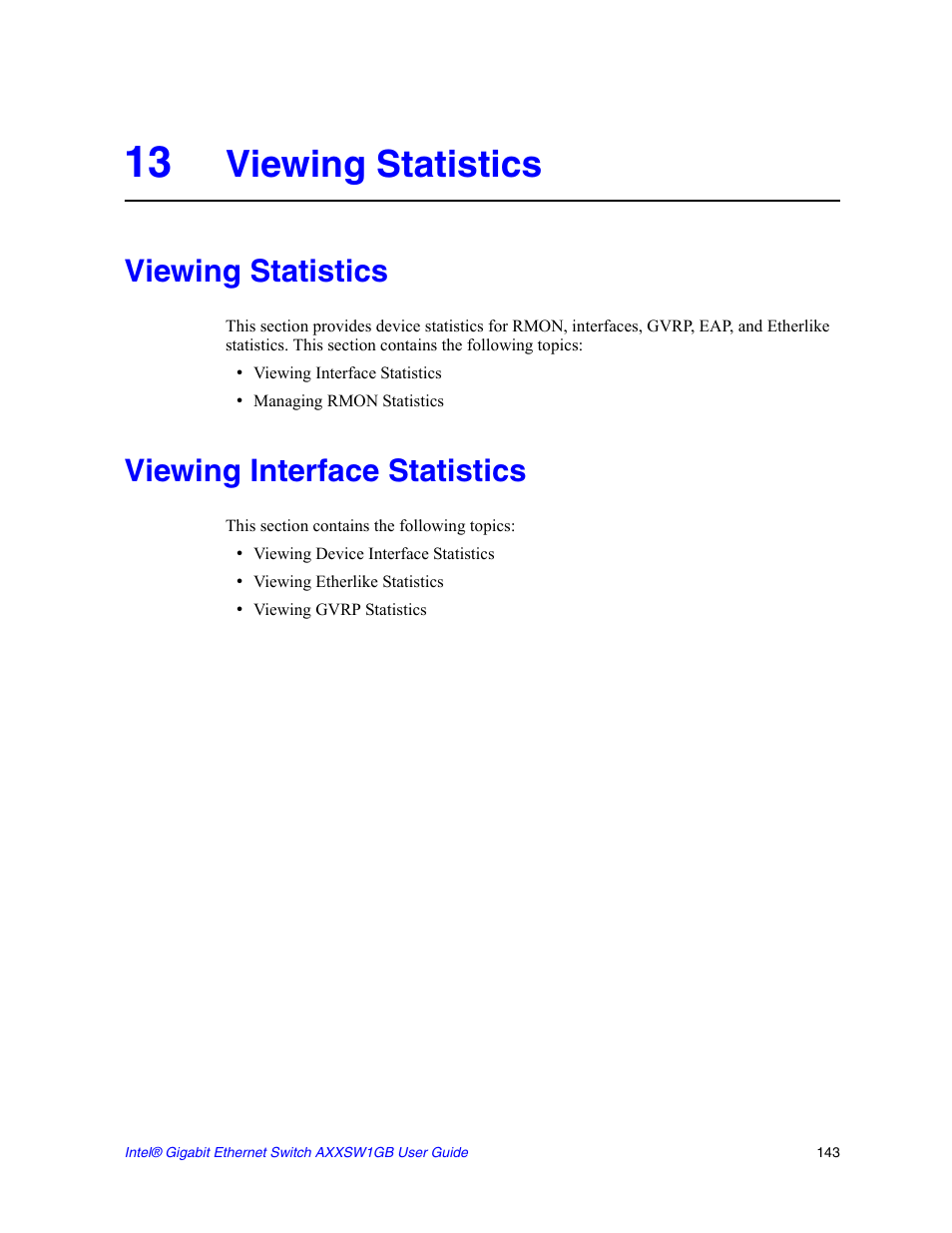 13 viewing statistics, Viewing statistics, Viewing interface statistics | Intel AXXSW1GB User Manual | Page 156 / 220