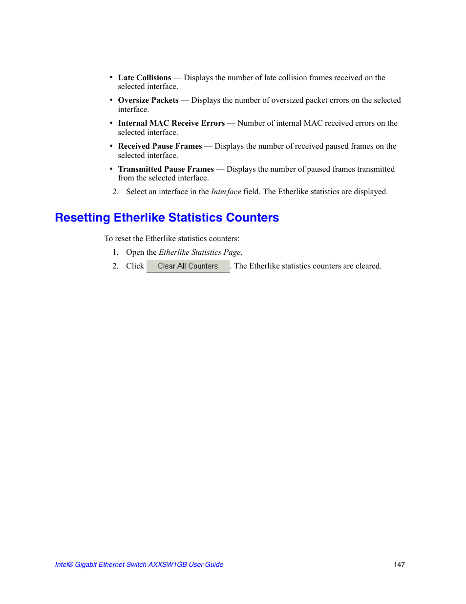 Resetting etherlike statistics counters | Intel AXXSW1GB User Manual | Page 160 / 220