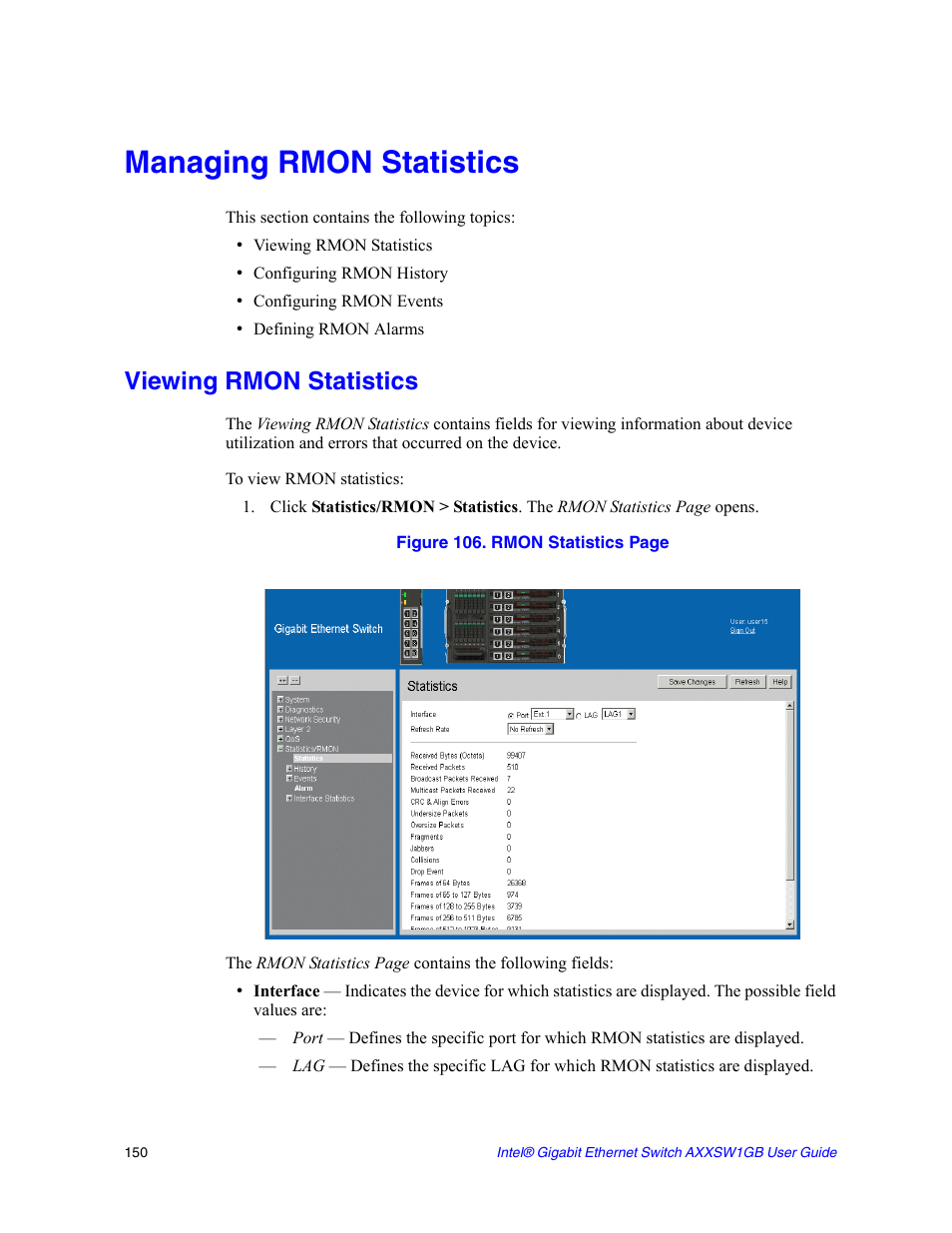 Managing rmon statistics, Viewing rmon statistics | Intel AXXSW1GB User Manual | Page 163 / 220