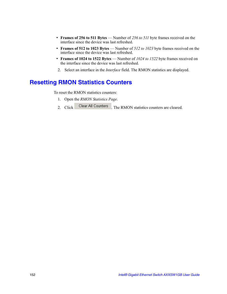 Resetting rmon statistics counters | Intel AXXSW1GB User Manual | Page 165 / 220