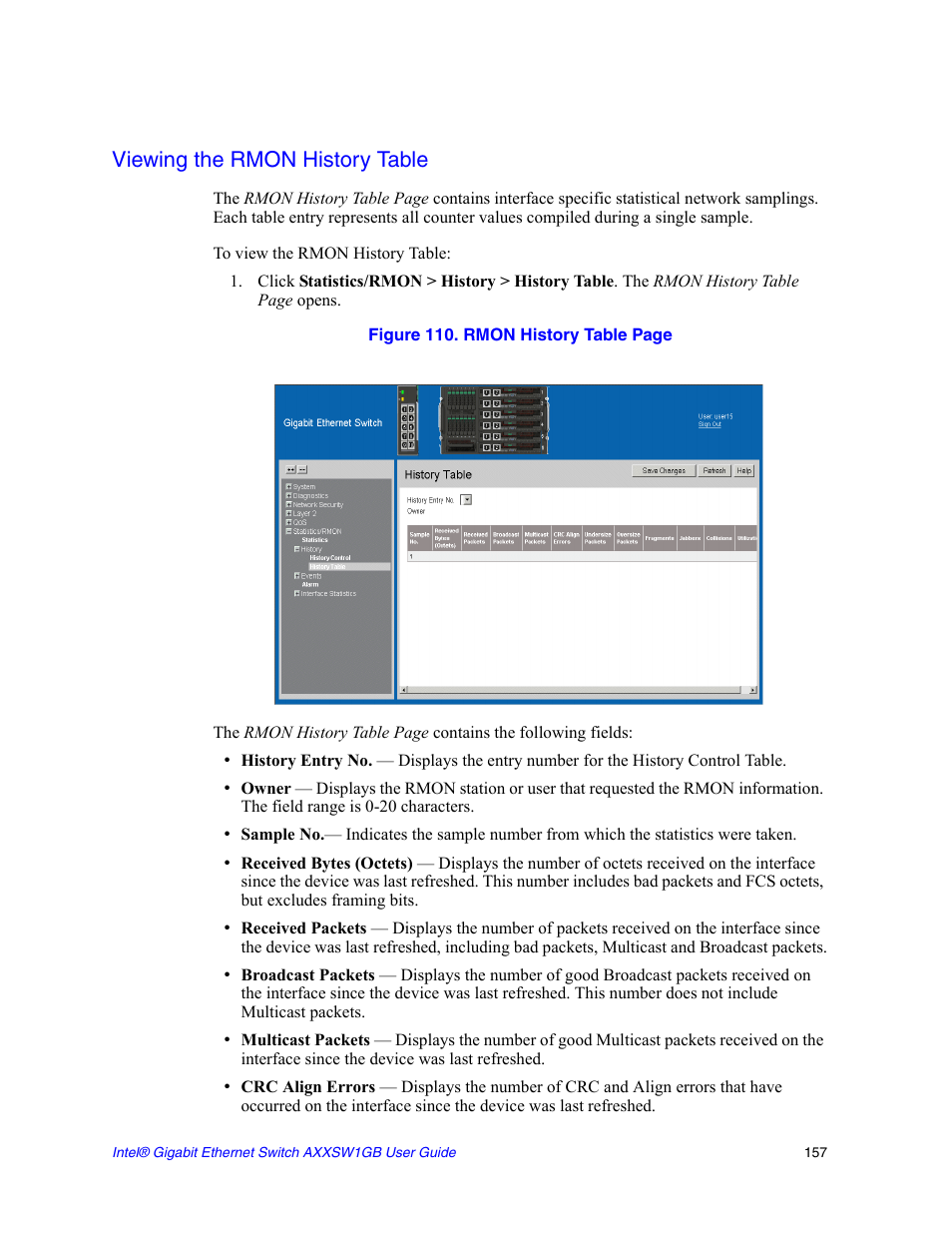 Viewing the rmon history table | Intel AXXSW1GB User Manual | Page 170 / 220