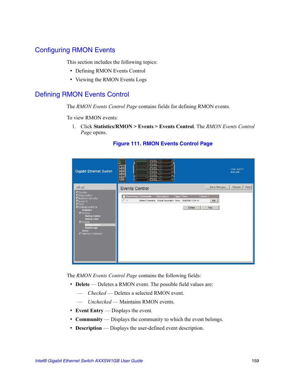 Configuring rmon events, Defining rmon events control | Intel AXXSW1GB User Manual | Page 172 / 220