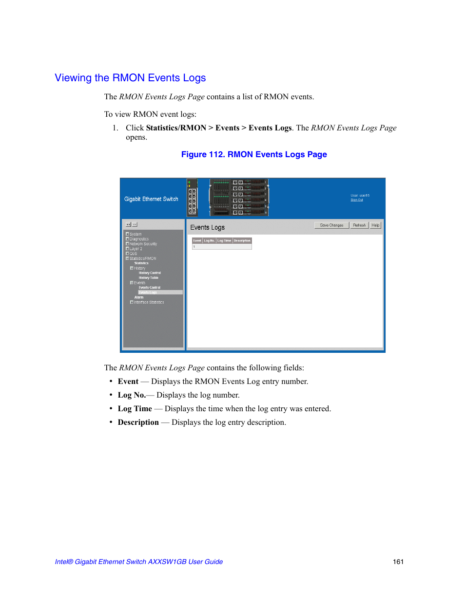 Viewing the rmon events logs | Intel AXXSW1GB User Manual | Page 174 / 220