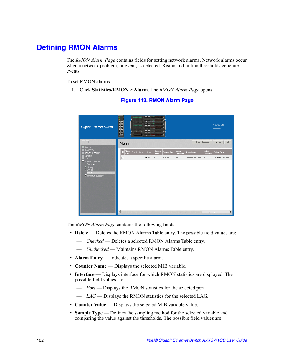 Defining rmon alarms | Intel AXXSW1GB User Manual | Page 175 / 220