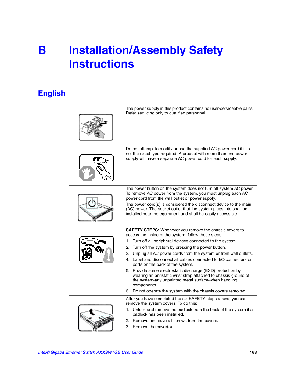 B installation/assembly safety instructions, English, Binstallation/assembly safety instructions | Intel AXXSW1GB User Manual | Page 181 / 220