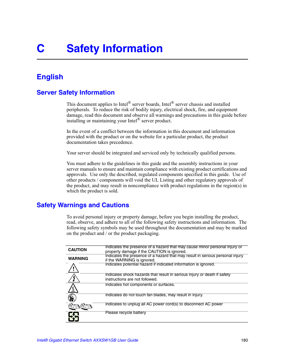 C safety information, English, Server safety information | Safety warnings and cautions, Csafety information | Intel AXXSW1GB User Manual | Page 193 / 220