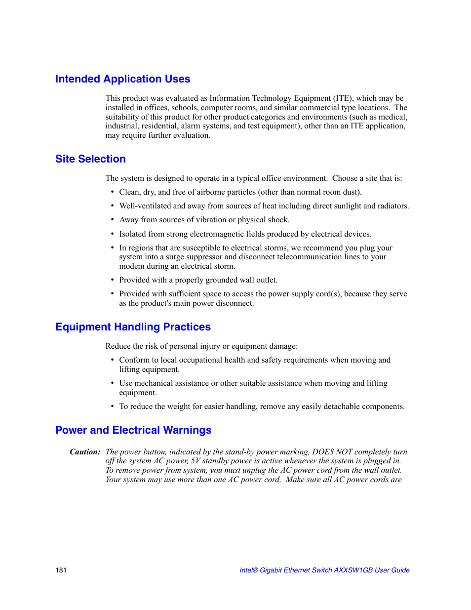 Intended application uses, Site selection, Equipment handling practices | Power and electrical warnings | Intel AXXSW1GB User Manual | Page 194 / 220