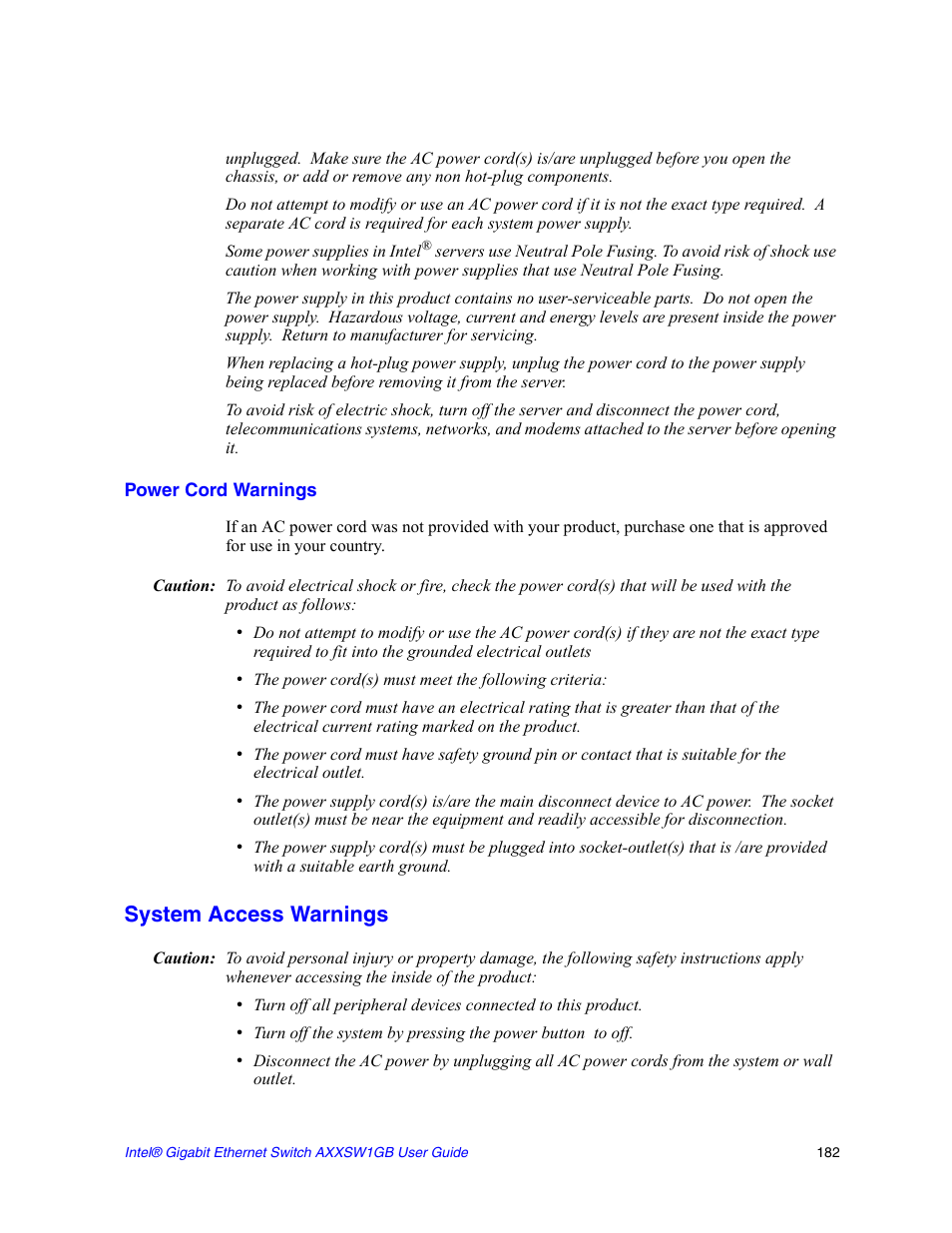 Power cord warnings, System access warnings | Intel AXXSW1GB User Manual | Page 195 / 220