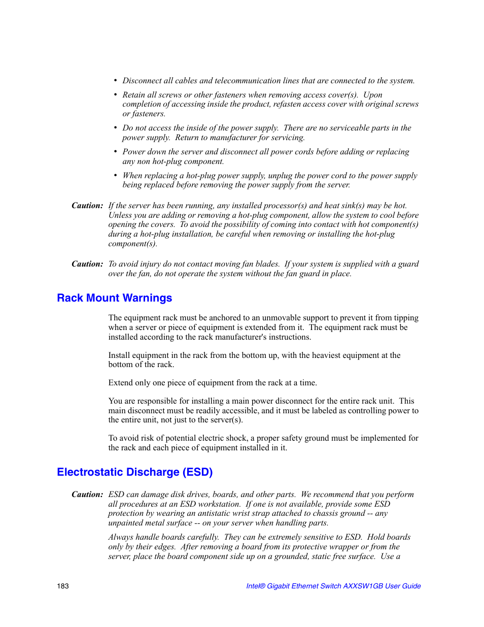 Rack mount warnings, Electrostatic discharge (esd) | Intel AXXSW1GB User Manual | Page 196 / 220
