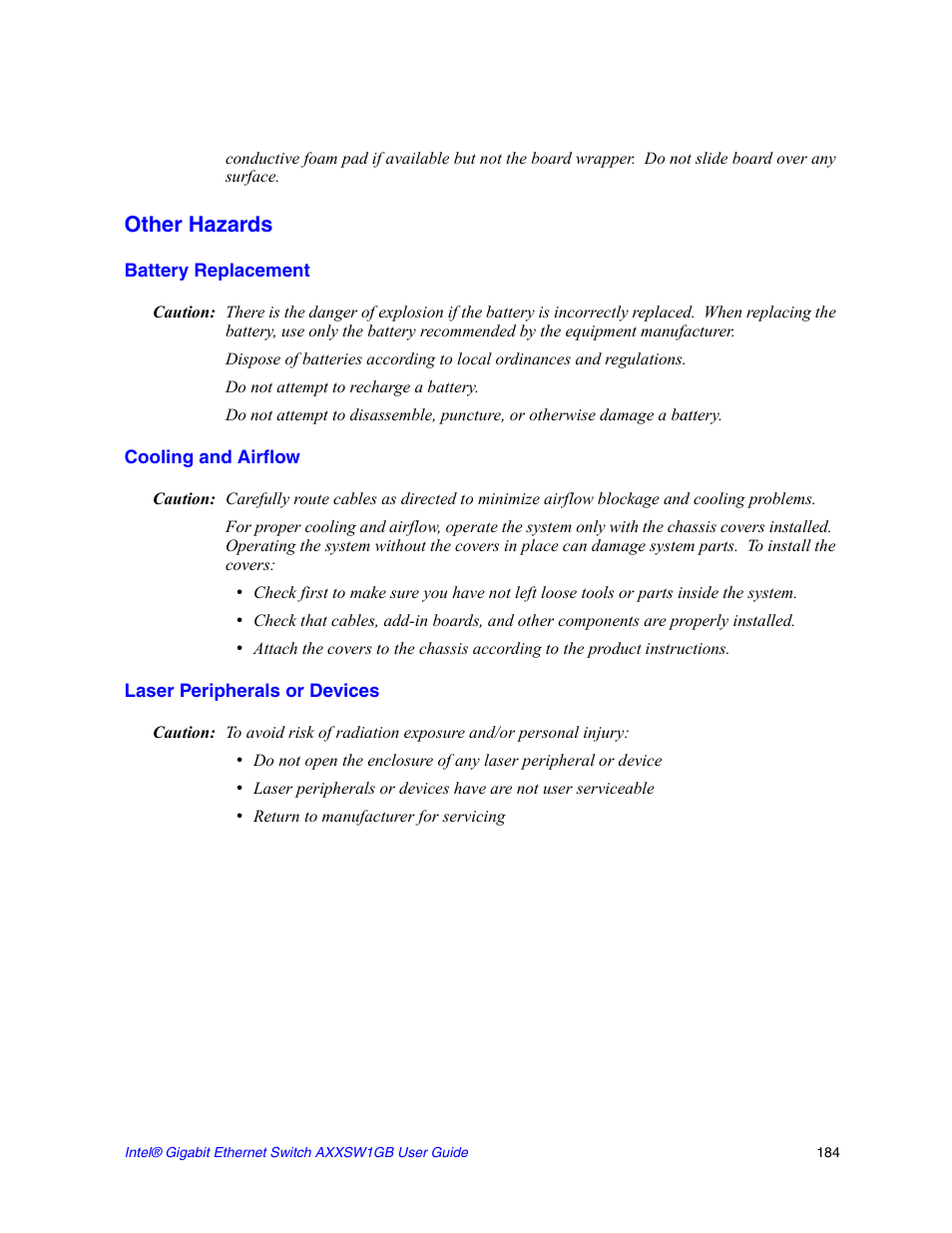 Other hazards, Battery replacement, Cooling and airflow | Laser peripherals or devices | Intel AXXSW1GB User Manual | Page 197 / 220